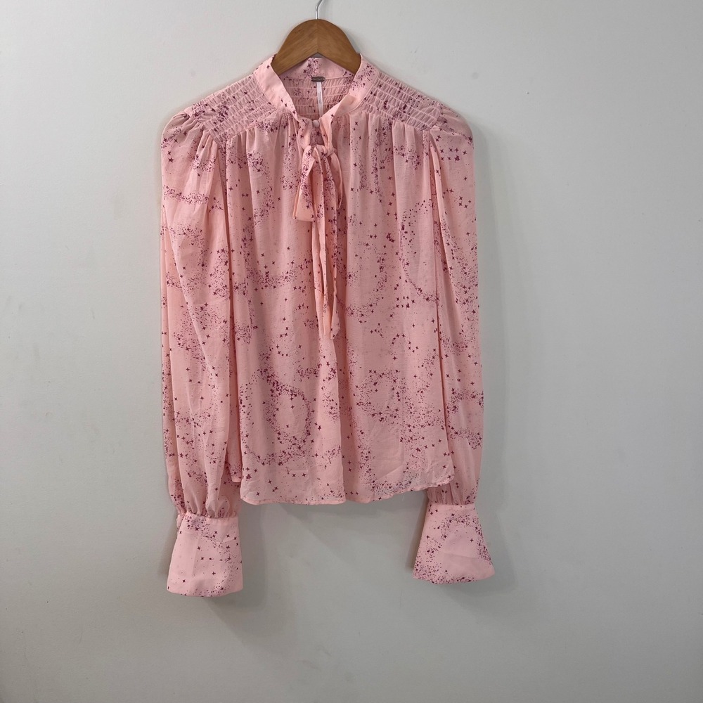 Free People Pink Star Print Smocked Tie Neck Blouse Long Sleeve Top Small
